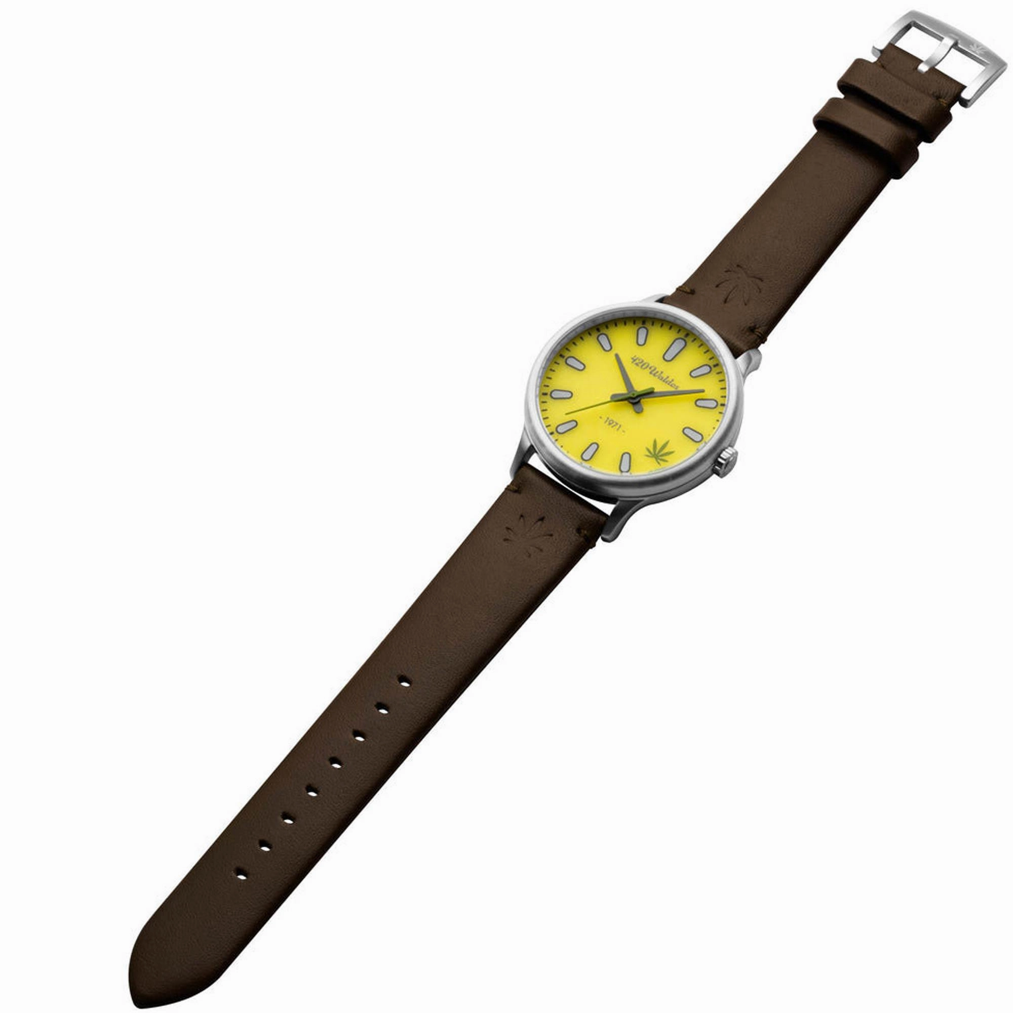 420Waldos Men's Watch - Bud Quartz Steel Case Yellow Dial Dark Brown Strap | W1010
