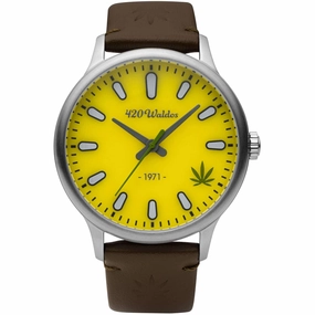 420Waldos Men's Watch - Bud Quartz Steel Case Yellow Dial Dark Brown Strap | W1010