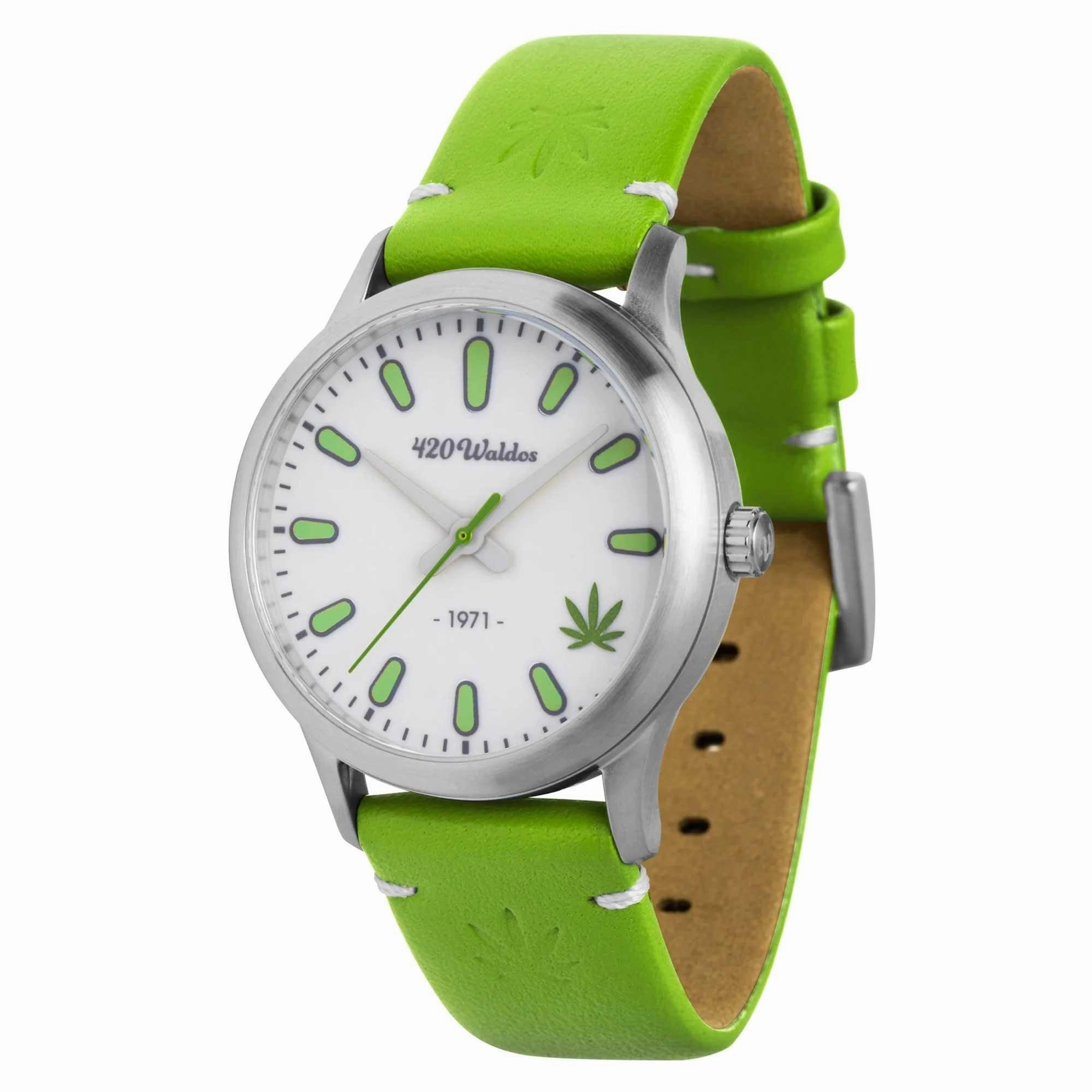 420Waldos Women's Quartz Watch - Mary Jane White Dial Green Leather Strap | W2007