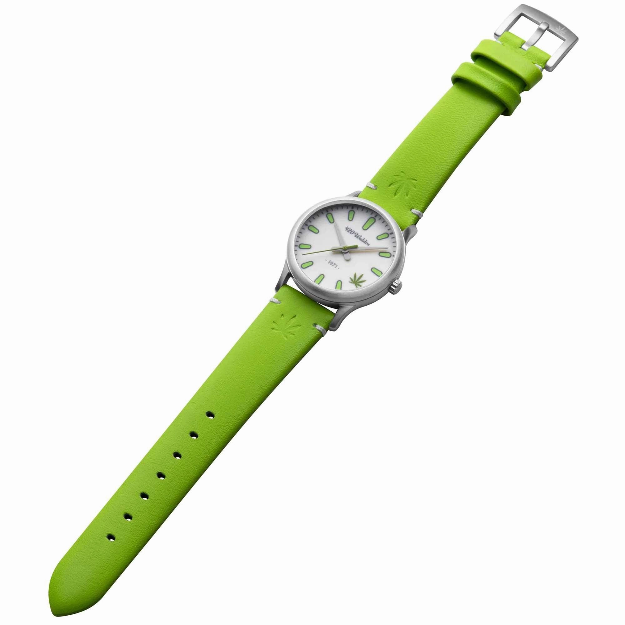 420Waldos Women's Quartz Watch - Mary Jane White Dial Green Leather Strap | W2007