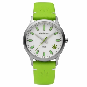 420Waldos Women's Quartz Watch - Mary Jane White Dial Green Leather Strap | W2007