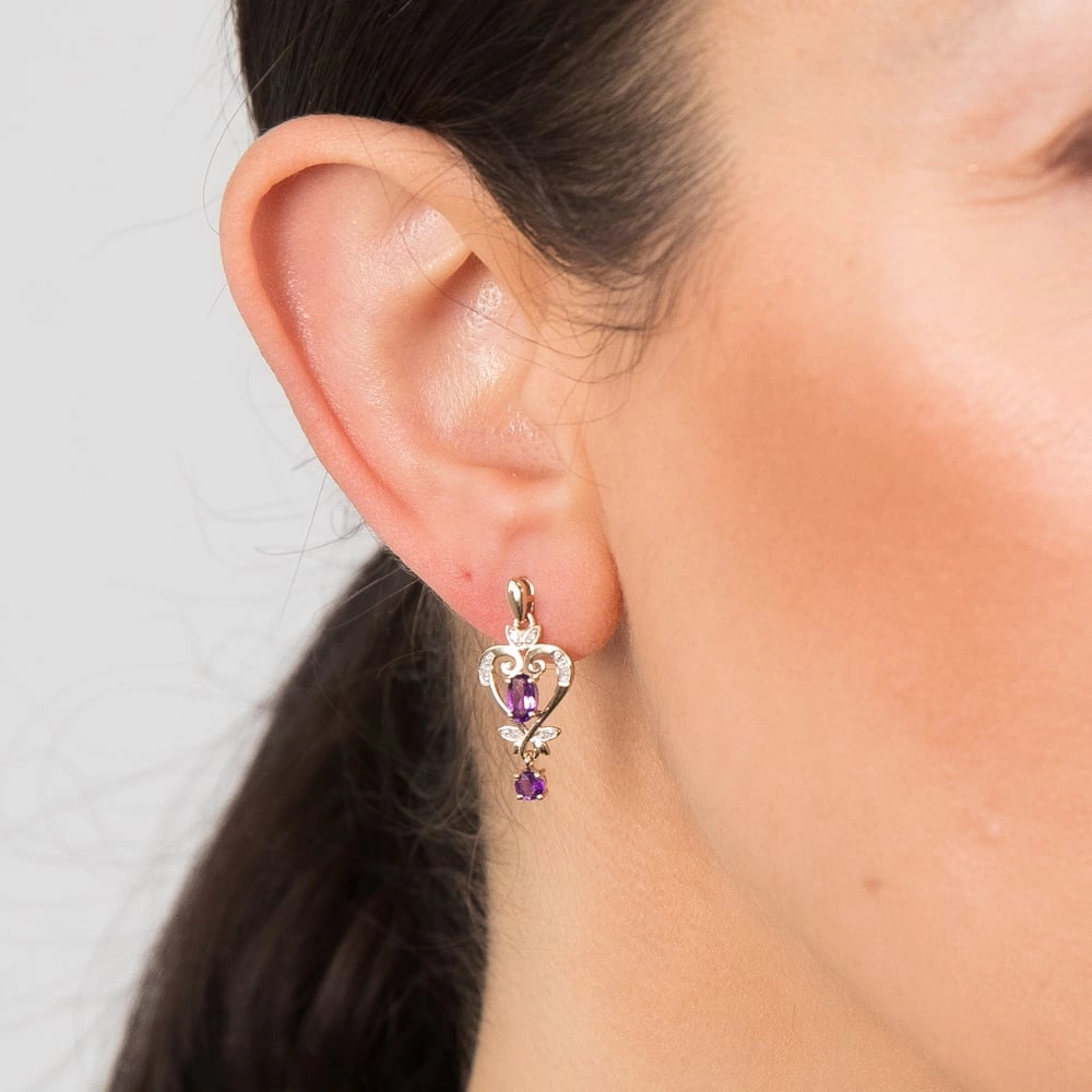9ct Yellow Gold Amethyst And Diamond Drop Earrings