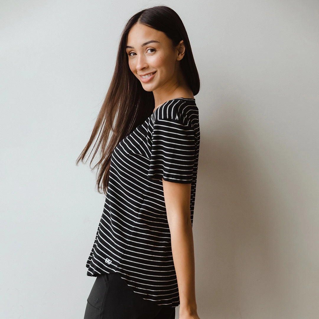 Basic V Neck Tee, Chunky Black and White Stripe