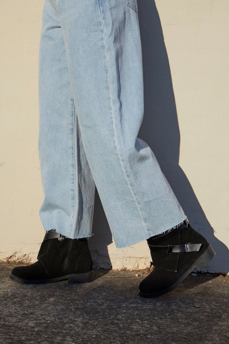 Black Buckle Detail Slouch Boots