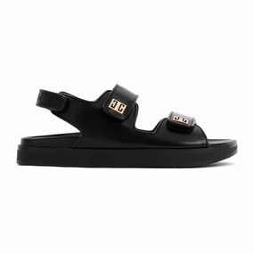 Black Leather 4G Strap Flat Sandals