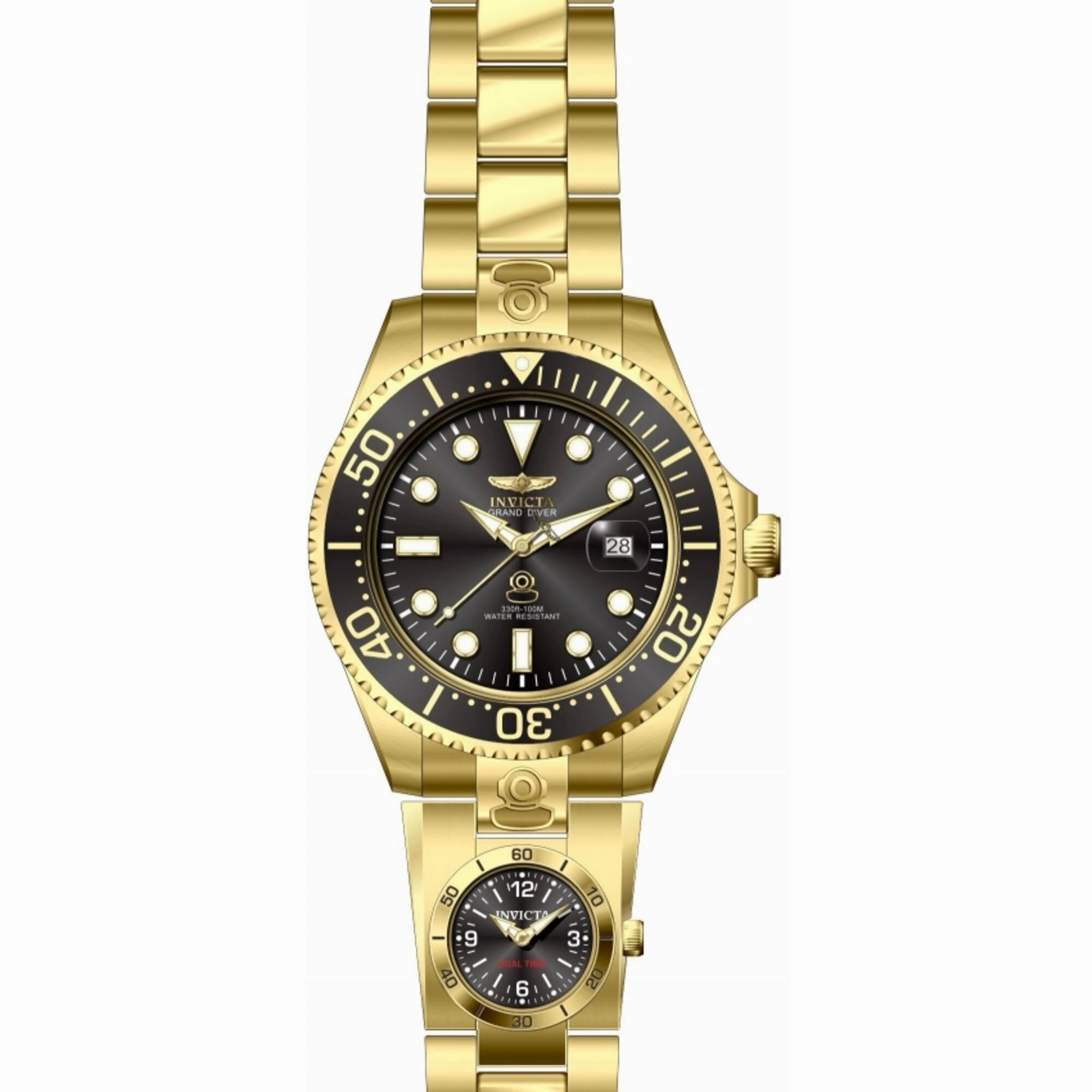 Invicta Men's Watch - Pro Diver Dual Time Black Dial Yellow Gold Bracelet | 45816