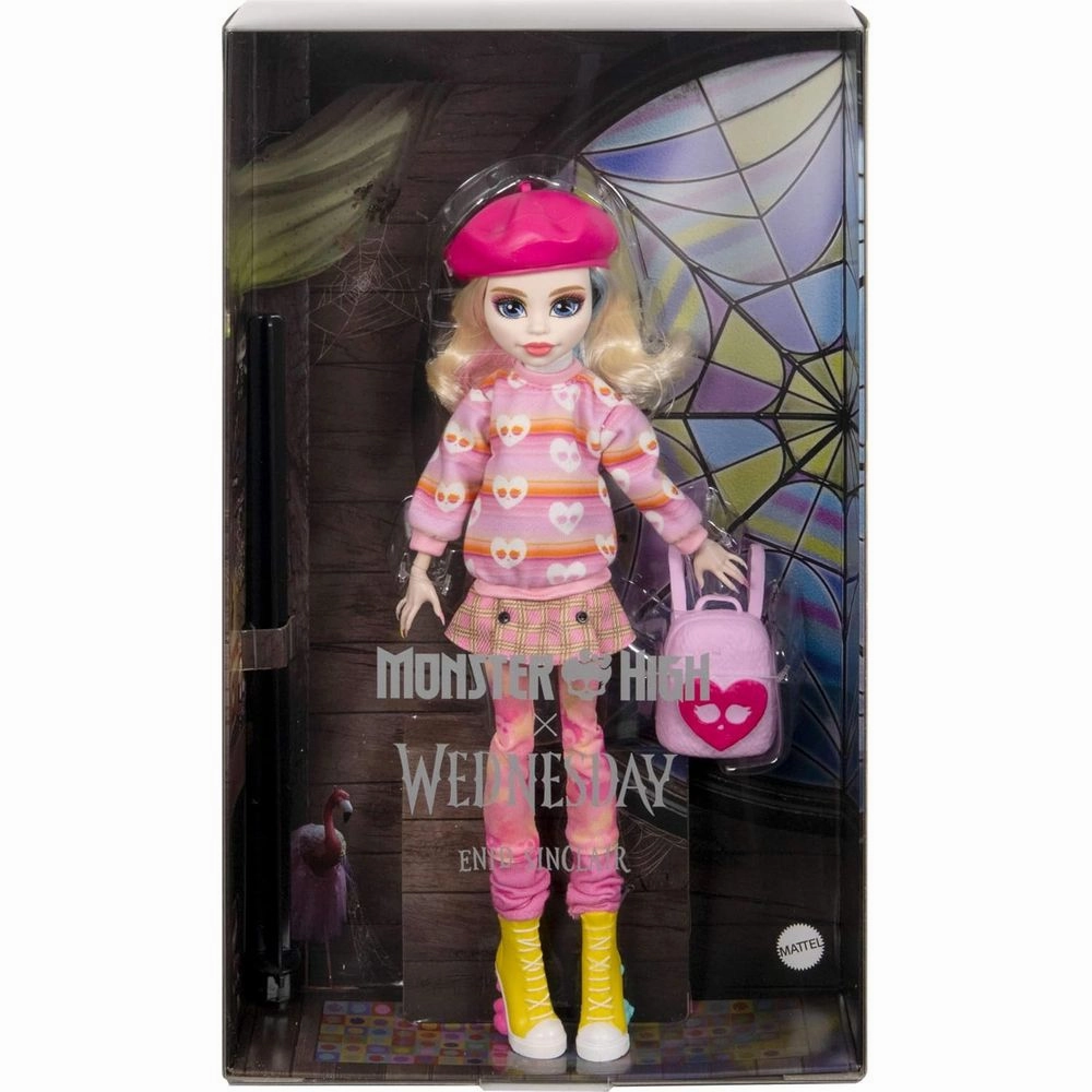 Monster High HXJ05 Wednesday Doll with Beret and Backpack, Doll Stand
