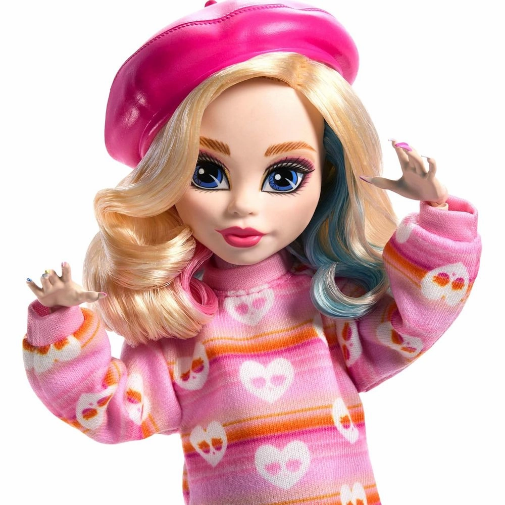 Monster High HXJ05 Wednesday Doll with Beret and Backpack, Doll Stand