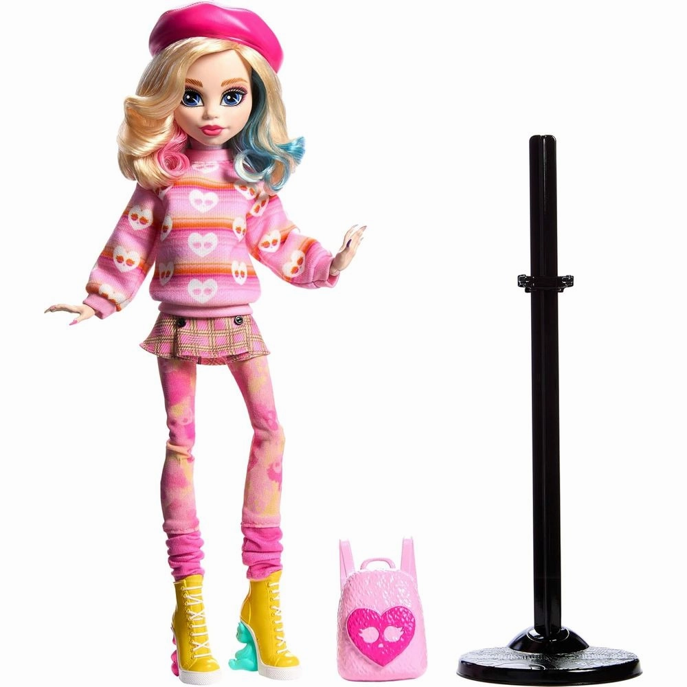 Monster High HXJ05 Wednesday Doll with Beret and Backpack, Doll Stand