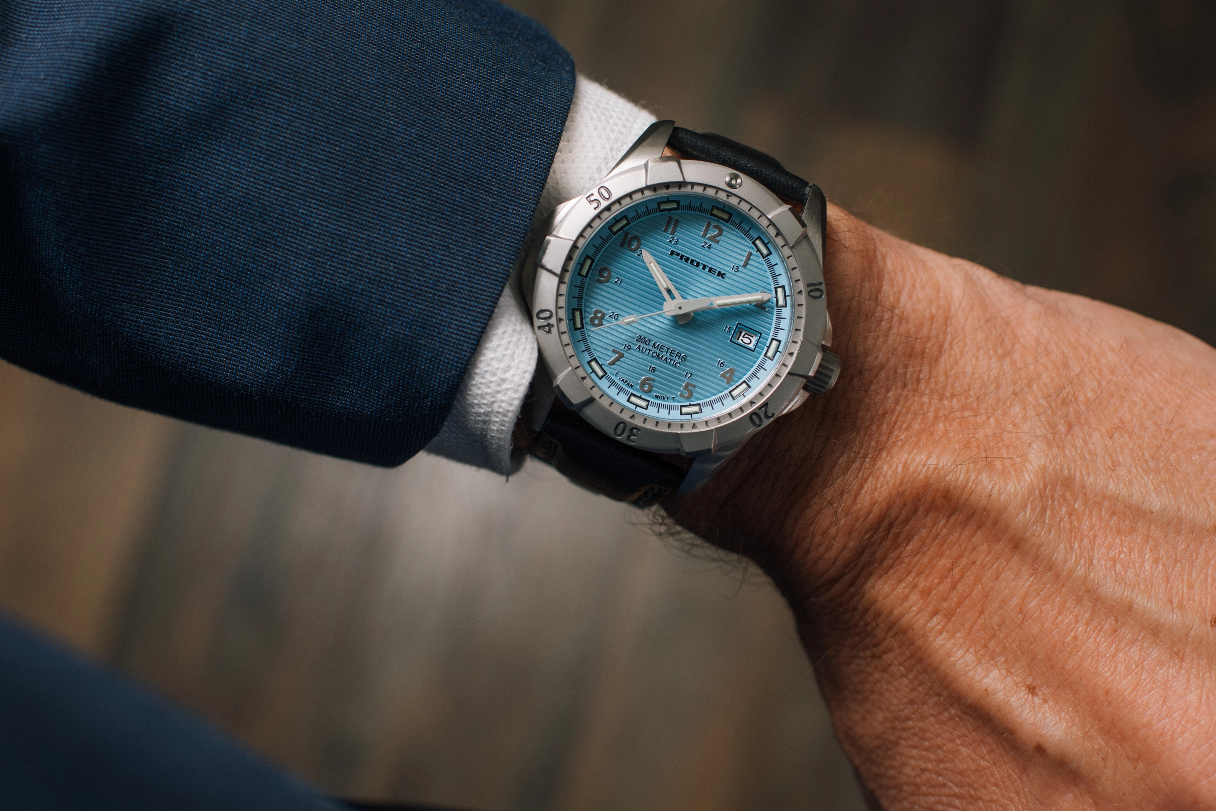 ProTek Men's Watch - Dive Automatic Light Blue Dial Black Leather Strap | 2207