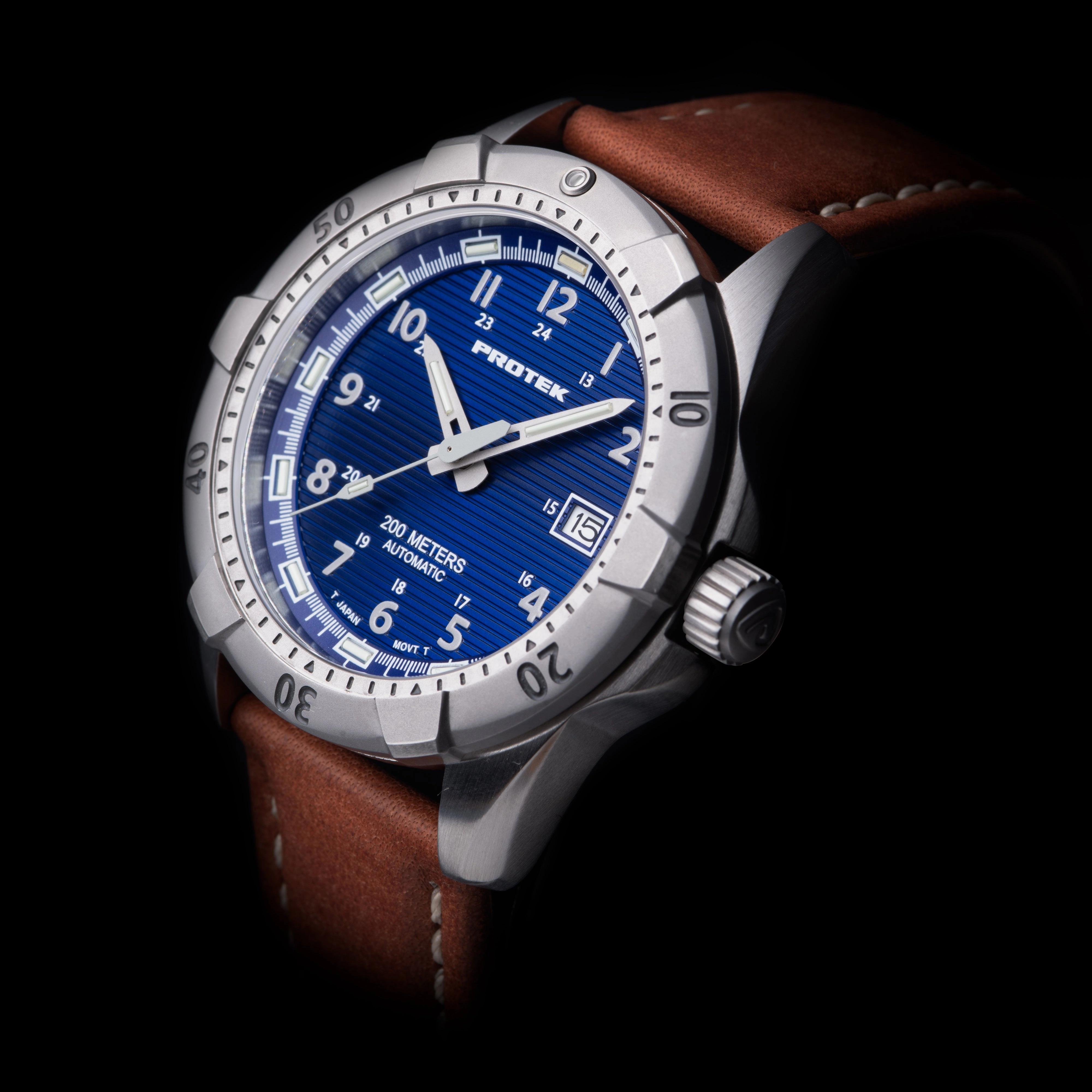 ProTek Men's Watch - Dive Rotating Bezel Automatic Blue Dial Brown Strap | 2203