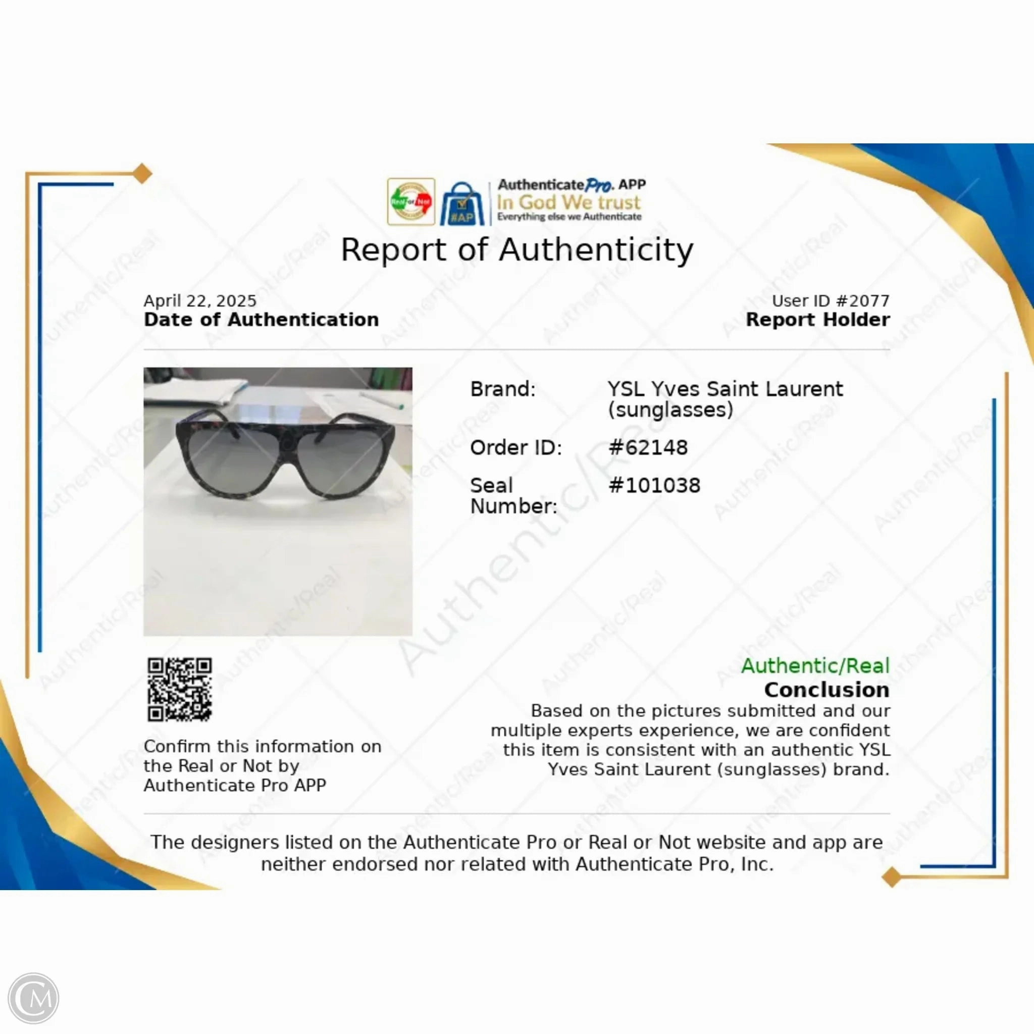 Sunglasses Luxury Designer By Yves Saint Laurent, Size: Medium