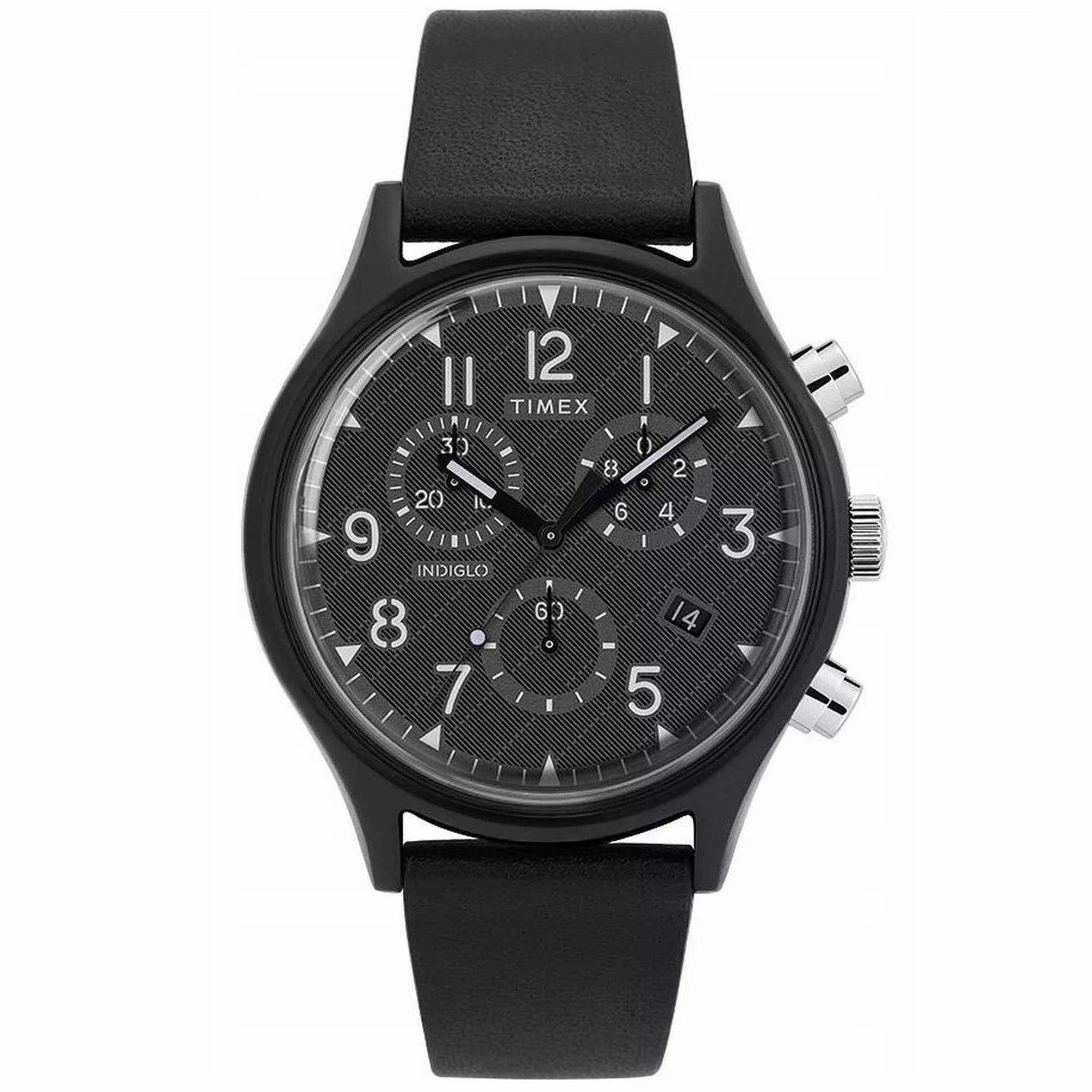 Timex Men's Watch - MK1 Quartz Chronograph Black Dial Leather Strap Date | TW2T29500