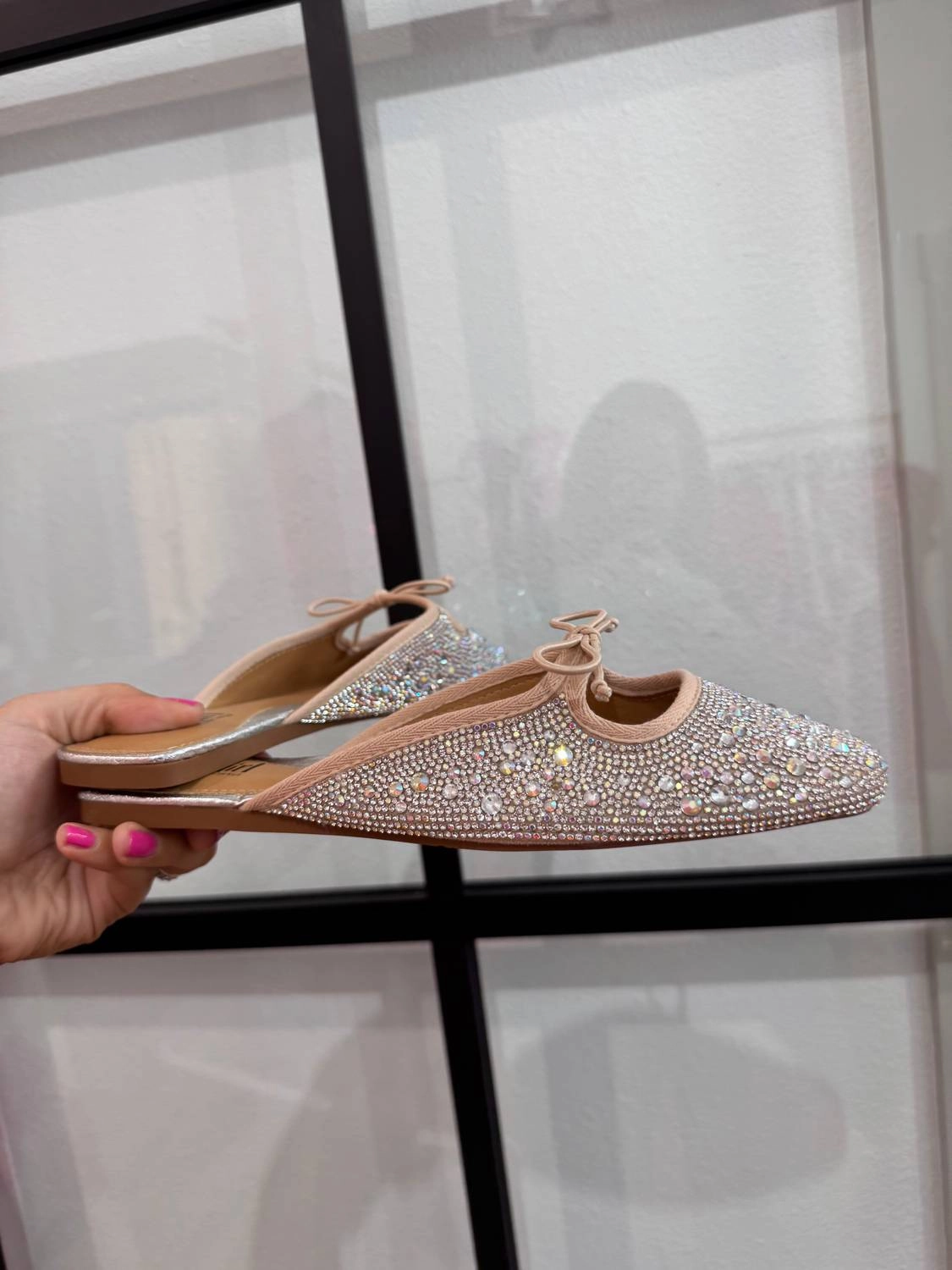 Tongue Tied Rhinestone Flats In Beige