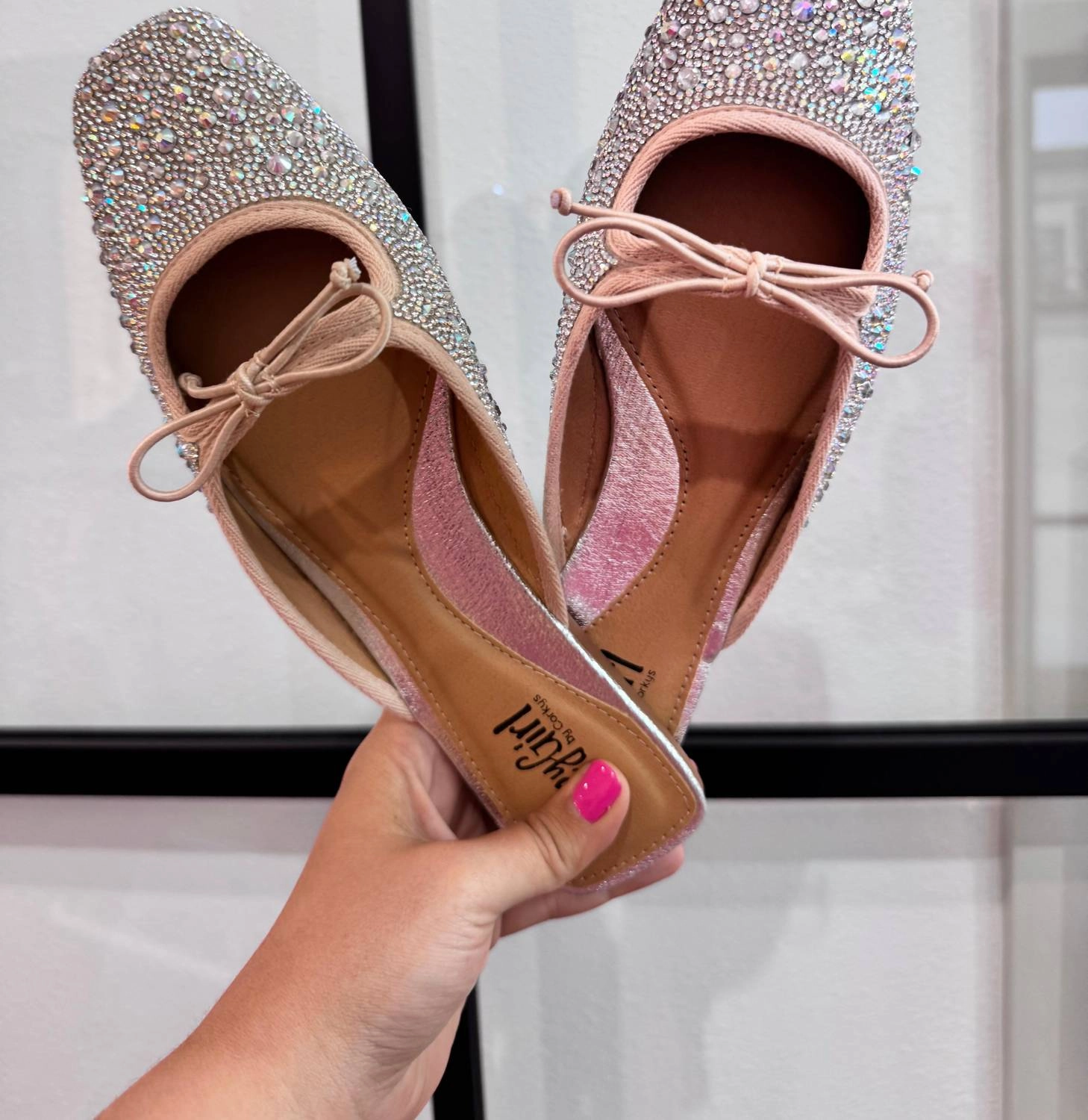 Tongue Tied Rhinestone Flats In Beige