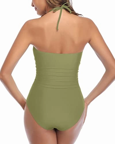 Women's Retro High Waisted Tummy Control One Piece Swimsuits-Olive Green