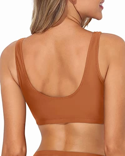 Women's Scoop Neck Sports Bra Bikini Top For Swimming-Brown
