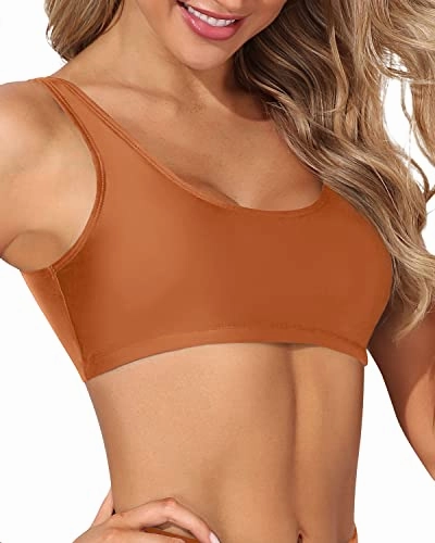 Women's Scoop Neck Sports Bra Bikini Top For Swimming-Brown