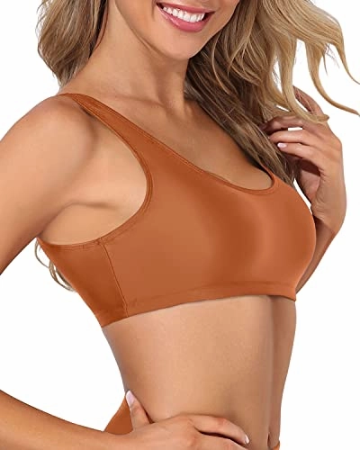 Women's Scoop Neck Sports Bra Bikini Top For Swimming-Brown